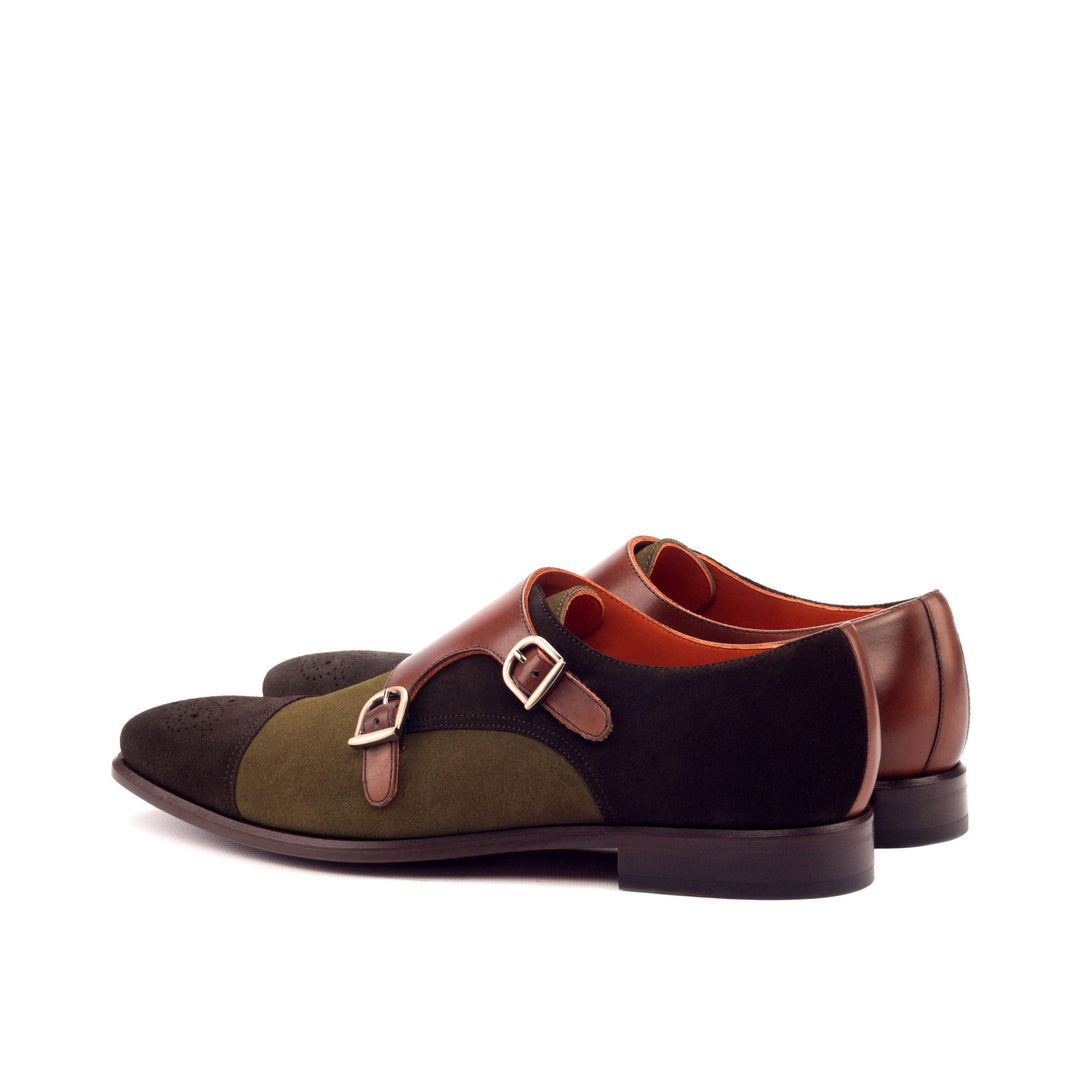 Men's Double Monk Shoes Leather Dark Brown Green 3306 4- MERRIMIUM