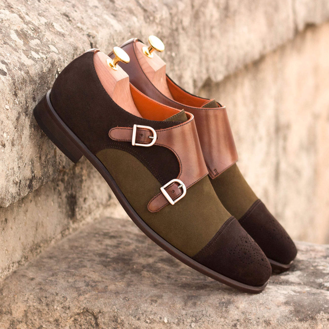 Men's Double Monk Shoes Leather Dark Brown Green 3306 1- MERRIMIUM--GID-1363-3306