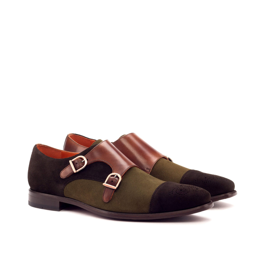 Men's Double Monk Shoes Leather Dark Brown Green 3306 3- MERRIMIUM