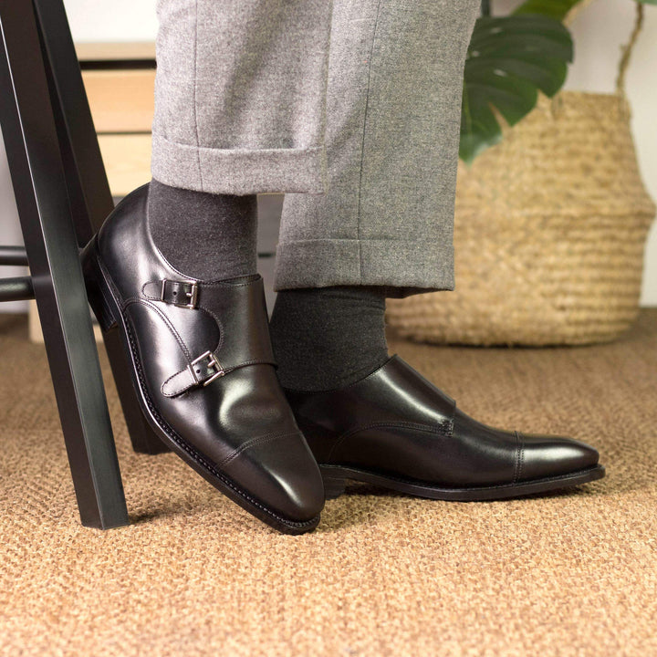 Men's Double Monk Shoes Leather Goodyear Welt Black 5550 4- MERRIMIUM