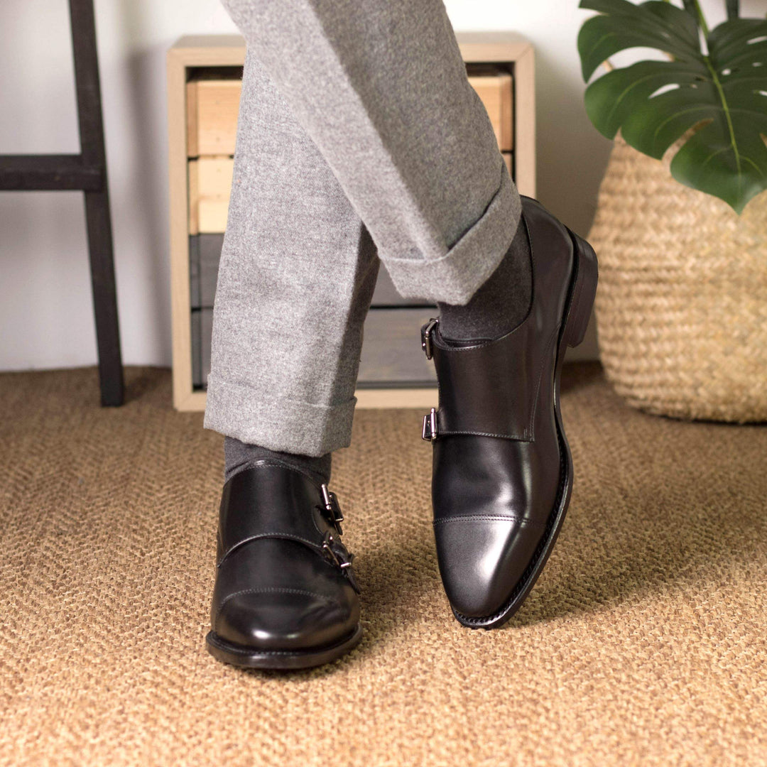 Men's Double Monk Shoes Leather Goodyear Welt Black 5550 1- MERRIMIUM--GID-4319-5550