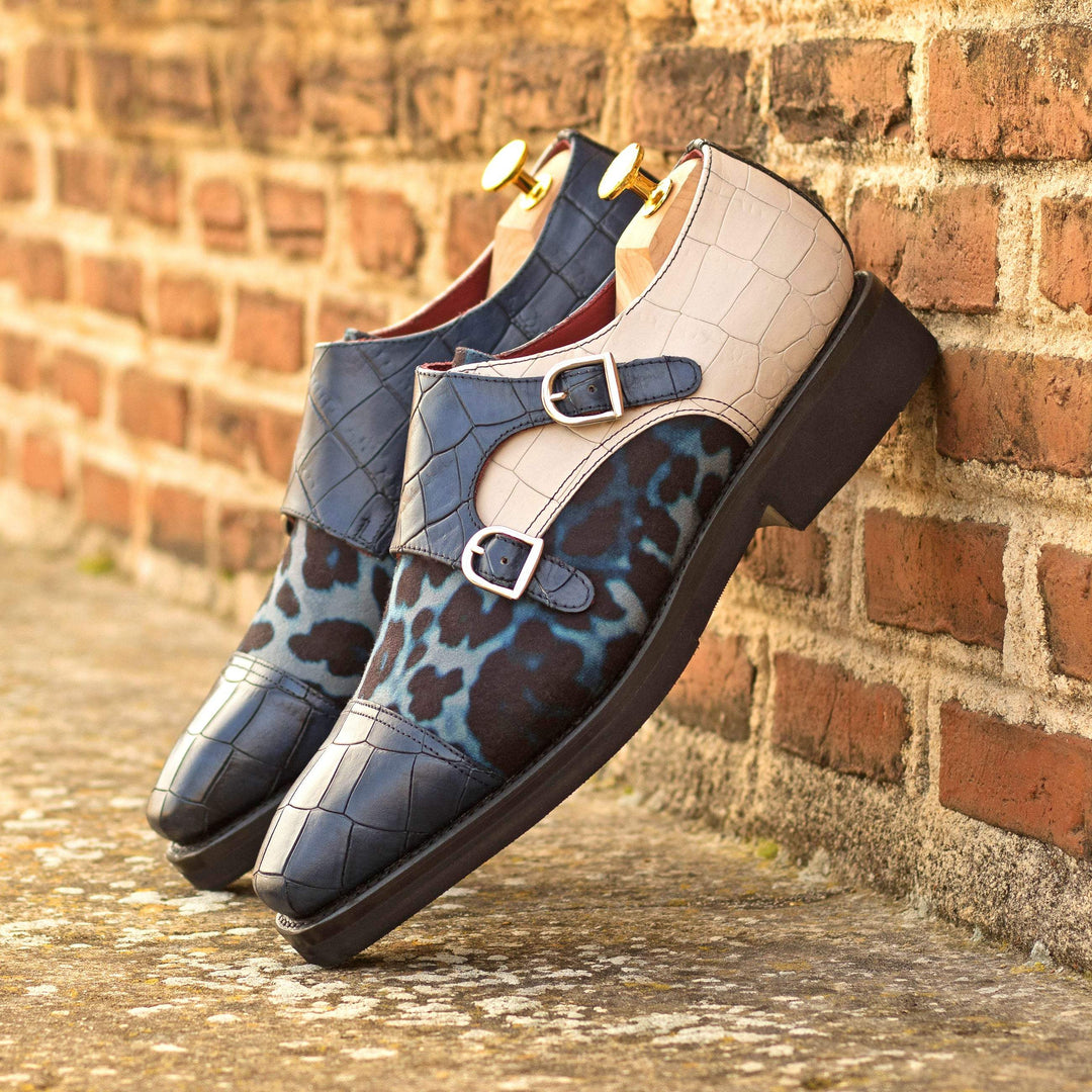 Men's Double Monk Shoes Leather Goodyear Welt Black Blue 5237 1- MERRIMIUM--GID-2436-5237