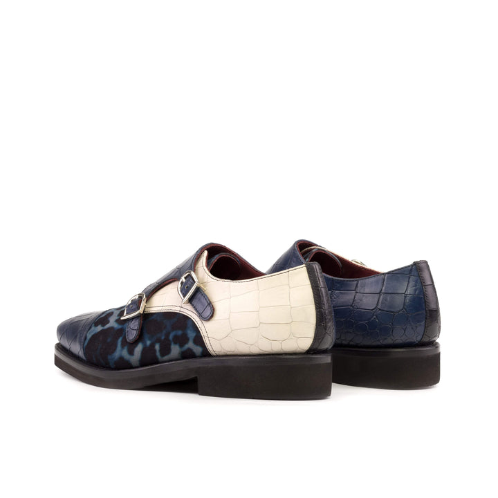 Men's Double Monk Shoes Leather Goodyear Welt Black Blue 5237 4- MERRIMIUM