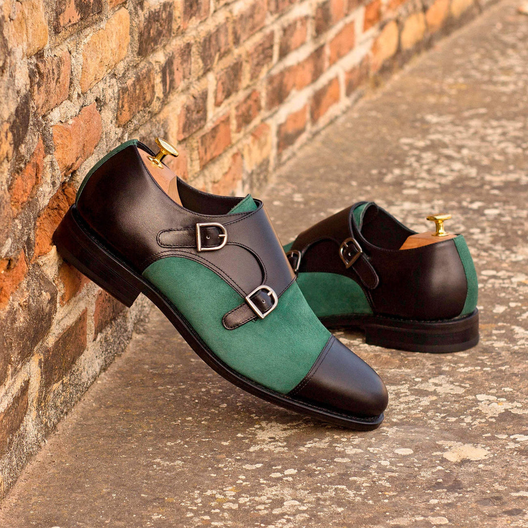 Men's Double Monk Shoes Leather Goodyear Welt Black Green 4157 1- MERRIMIUM--GID-2433-4157