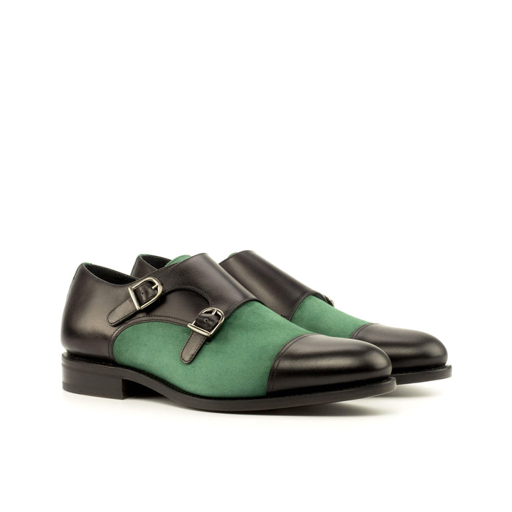 Men's Double Monk Shoes Leather Goodyear Welt Black Green 4157 3- MERRIMIUM