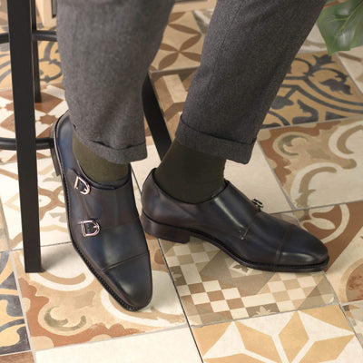 Men's Double Monk Shoes Leather Goodyear Welt Blue 5627 5- MERRIMIUM