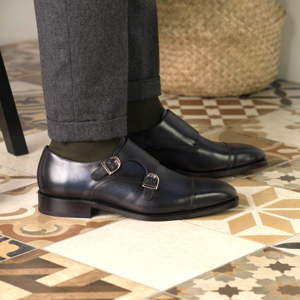 Men's Double Monk Shoes Leather Goodyear Welt Blue 5627 2- MERRIMIUM