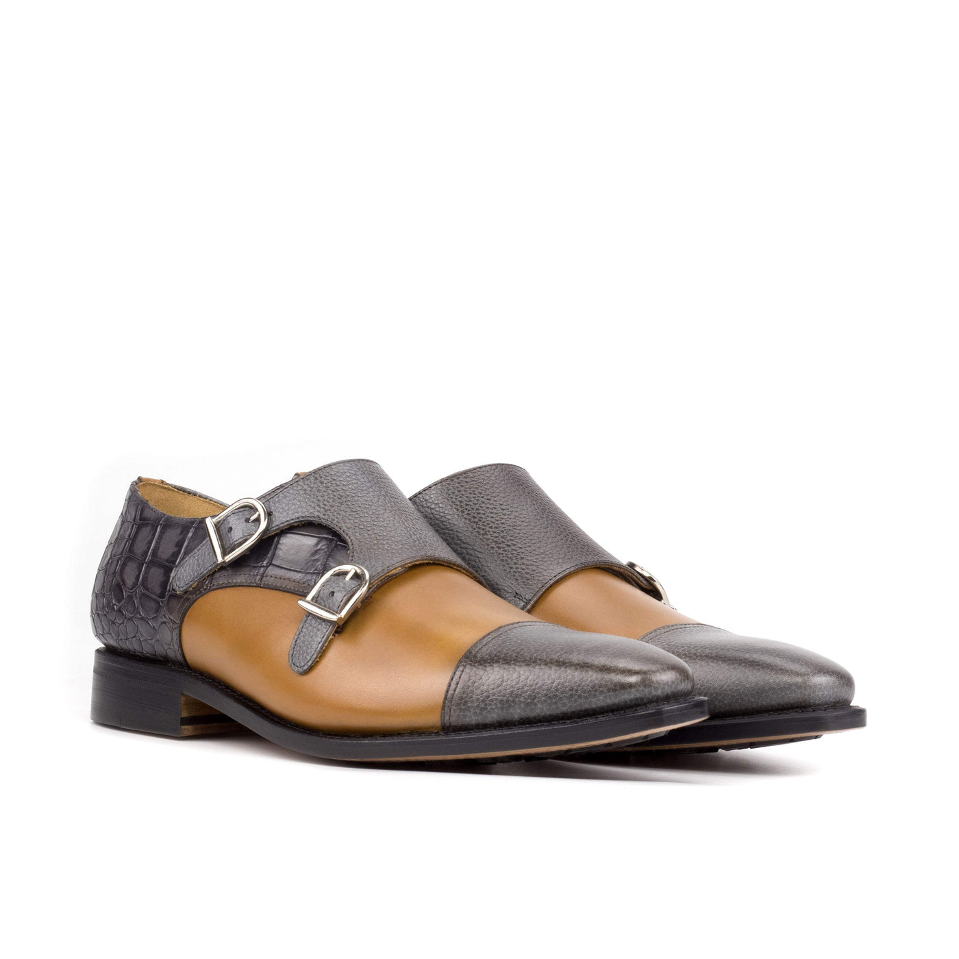 Men's Double Monk Shoes Leather Goodyear Welt Brown Grey 5722 3- MERRIMIUM