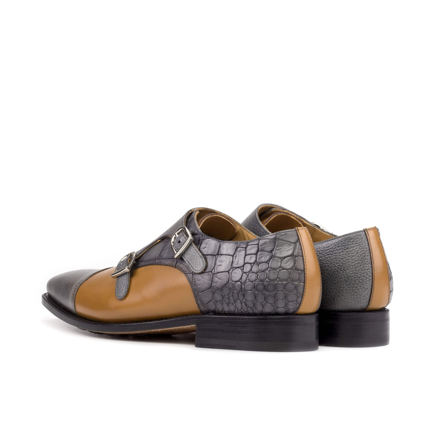Men's Double Monk Shoes Leather Goodyear Welt Brown Grey 5722 4- MERRIMIUM
