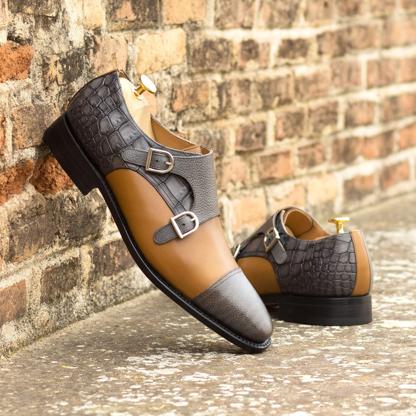 Men's Double Monk Shoes Leather Goodyear Welt Brown Grey 5722 1- MERRIMIUM--GID-2436-5722