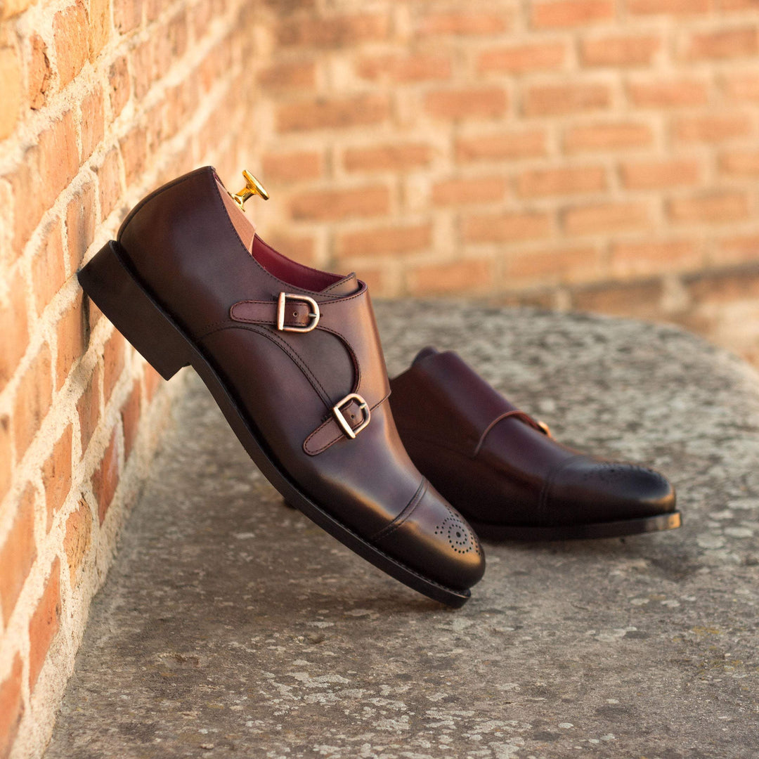 Men's Double Monk Shoes Leather Goodyear Welt Burgundy 3233 1- MERRIMIUM--GID-2435-3233
