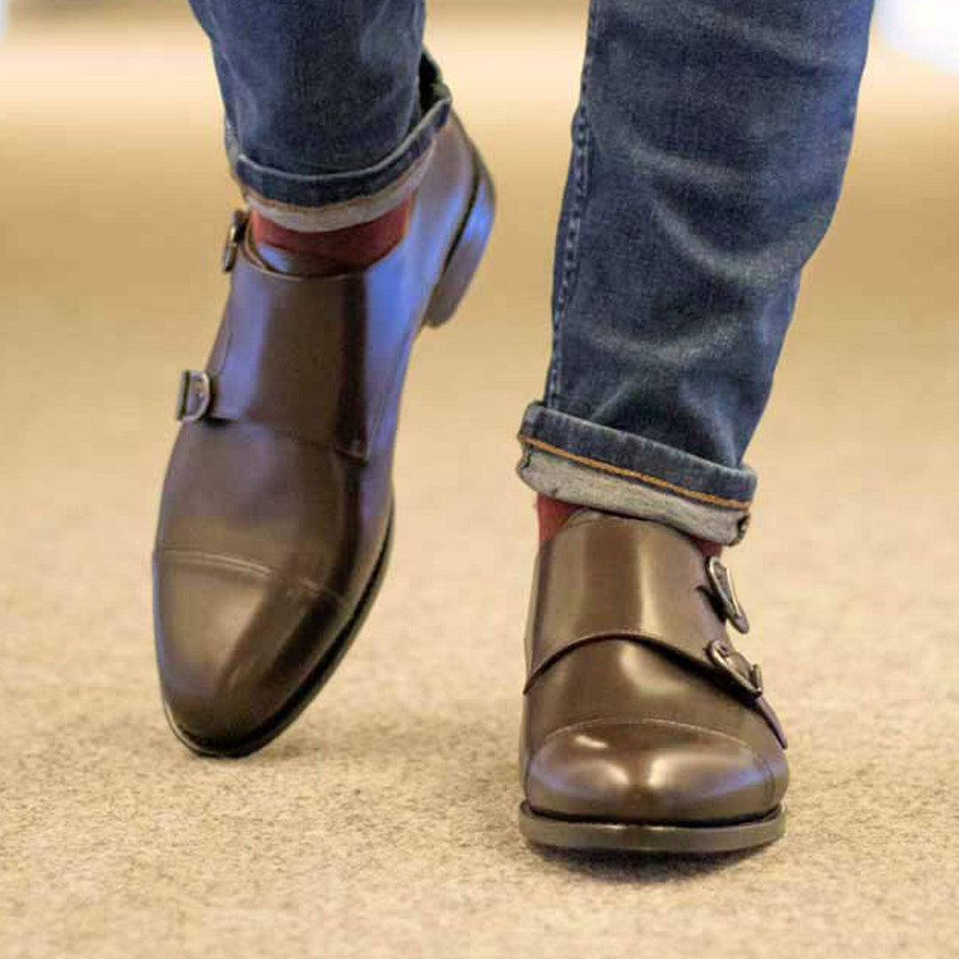 Men's Double Monk Shoes Leather Goodyear Welt Dark Brown 5004 1- MERRIMIUM--GID-4317-5004