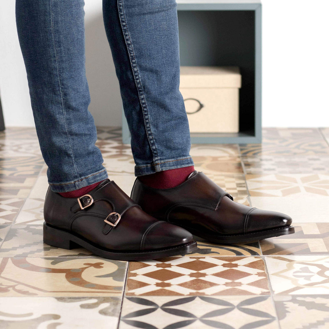 Men's Double Monk Shoes Leather Goodyear Welt Dark Brown 5703 1- MERRIMIUM--GID-4330-5703