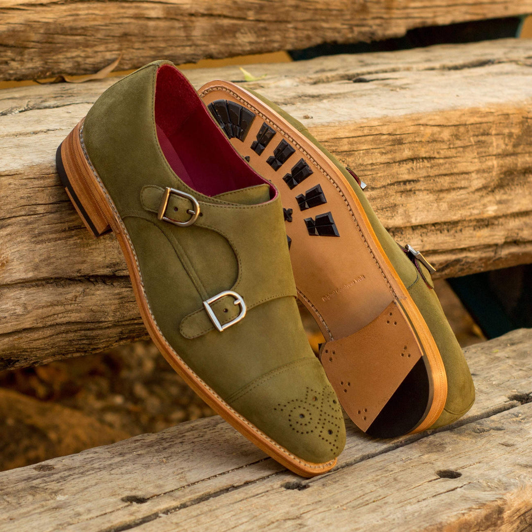 Men's Double Monk Shoes Leather Goodyear Welt Green 3470 1- MERRIMIUM--GID-2565-3470