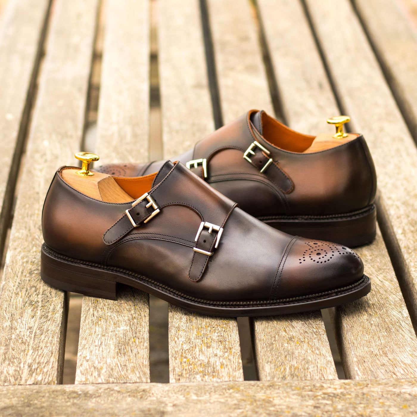 Men's Double Monk Shoes Leather Goodyear Welt Grey Brown 4679 1- MERRIMIUM--GID-2435-4679