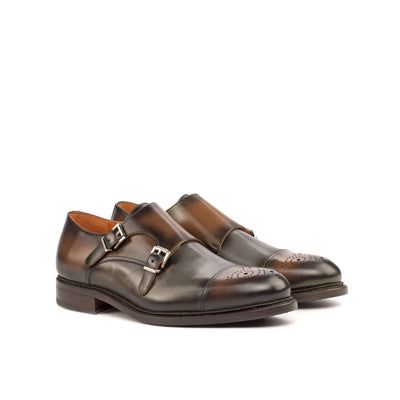 Men's Double Monk Shoes Leather Goodyear Welt Grey Brown 4679 3- MERRIMIUM