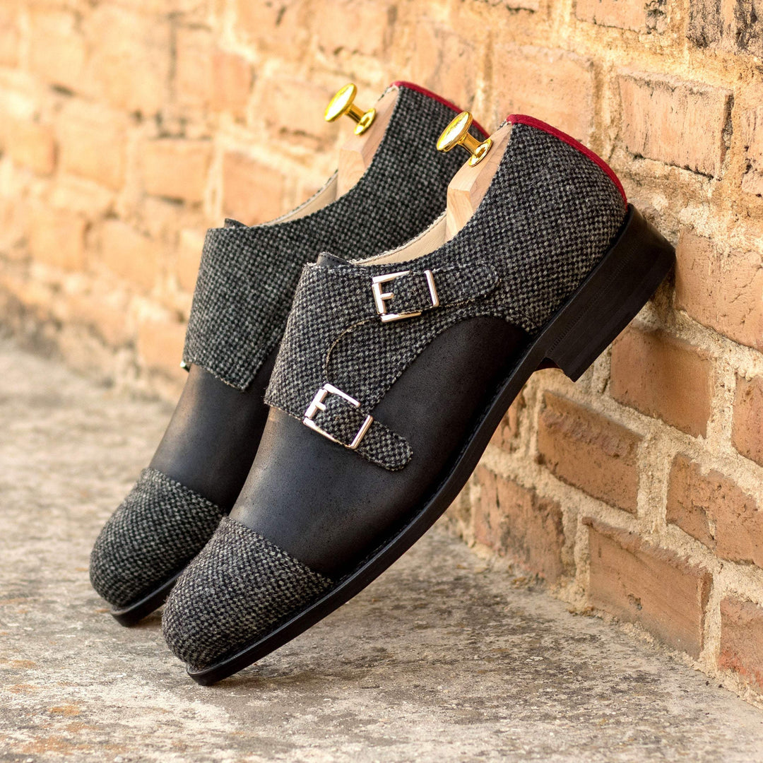 Men's Double Monk Shoes Leather Goodyear Welt Grey Red 5445 1- MERRIMIUM--GID-2433-5445