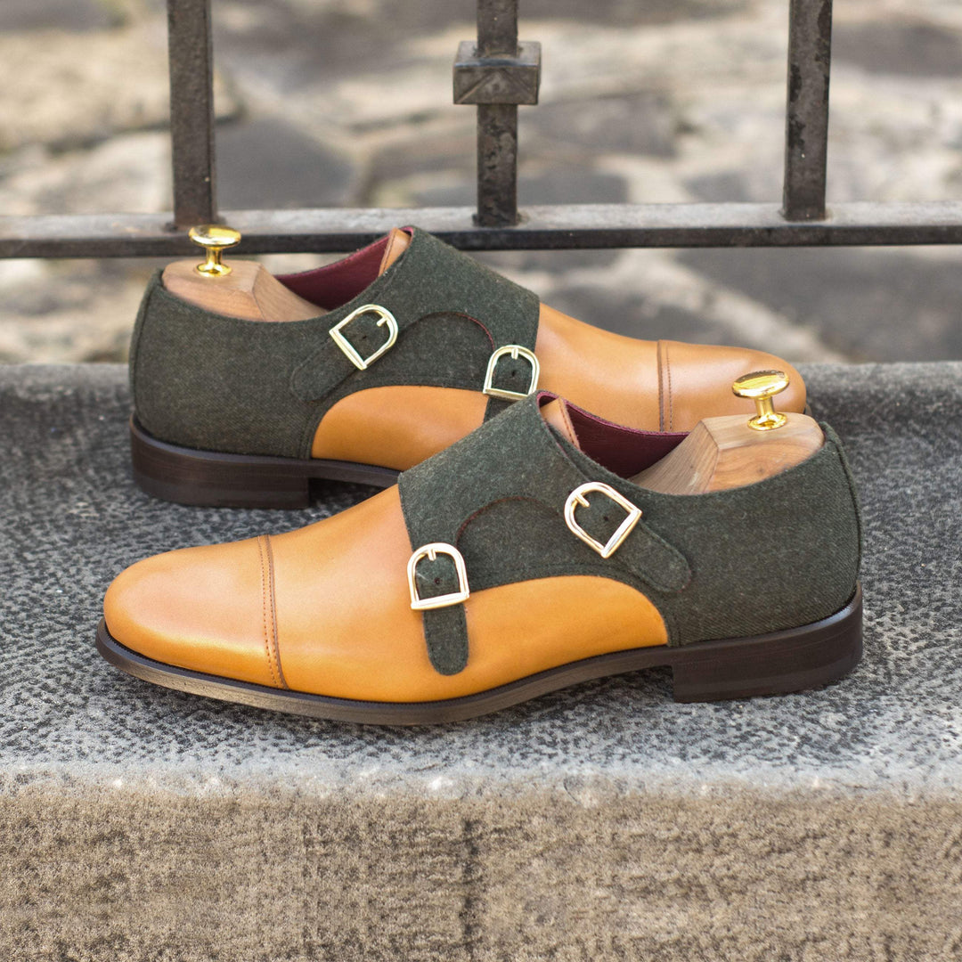 Men's Double Monk Shoes Leather Green Brown 4555 1- MERRIMIUM--GID-1365-4555