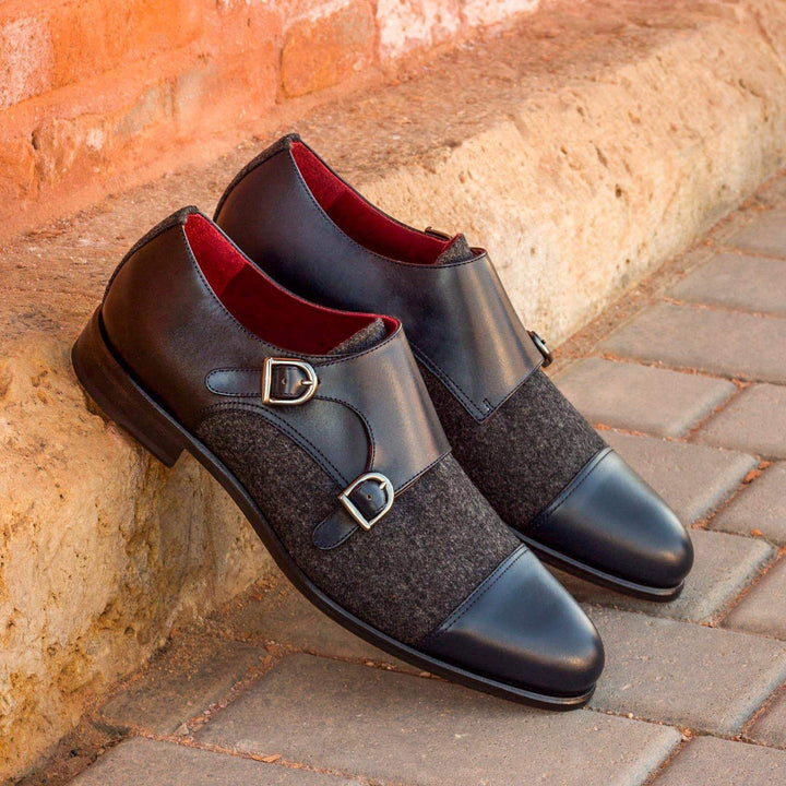 Men's Double Monk Shoes Leather Grey Black 2536 1- MERRIMIUM--GID-1365-2536
