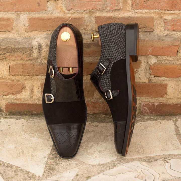 Men's Double Monk Shoes Leather Grey Black 2590 1- MERRIMIUM--GID-1363-2590