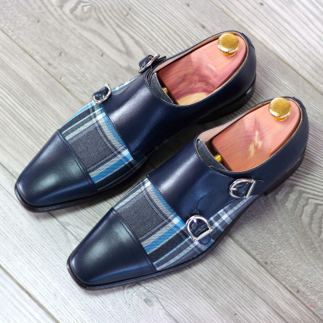 Men's Double Monk Shoes Leather Grey Blue 1761 1- MERRIMIUM--GID-1363-1761