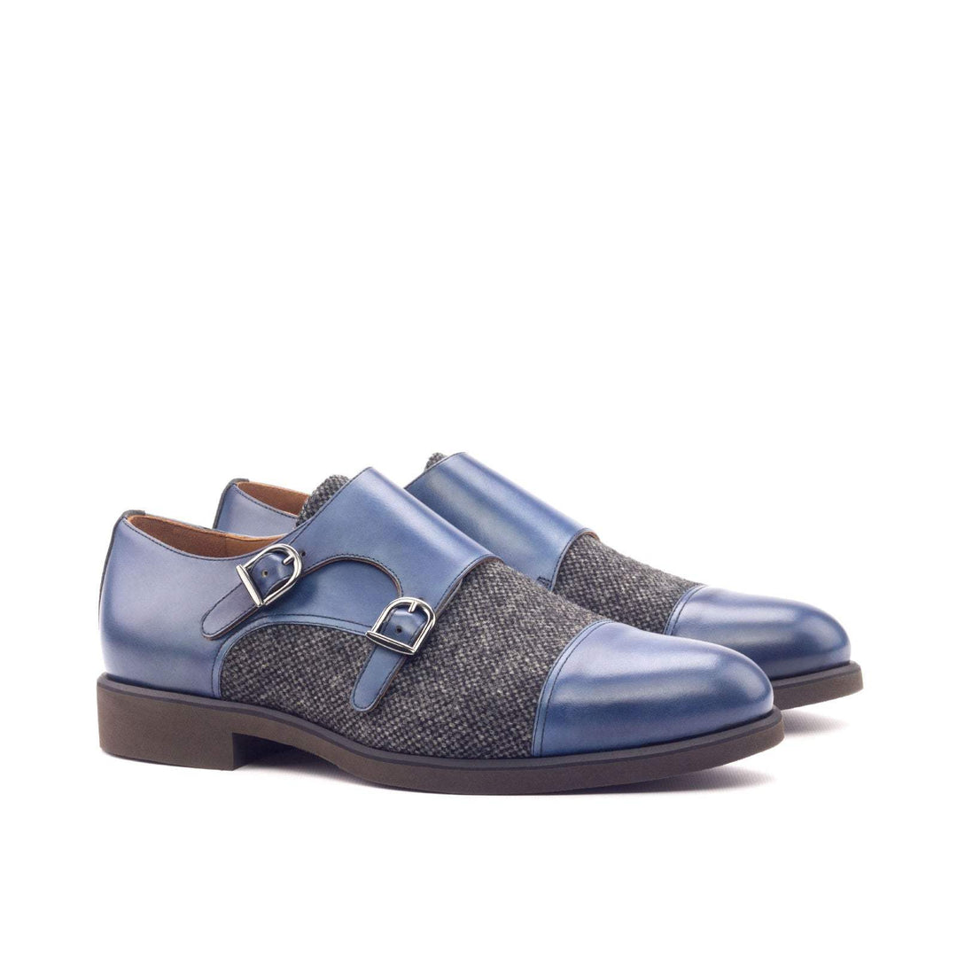 Men's Double Monk Shoes Leather Grey Blue 3107 3- MERRIMIUM