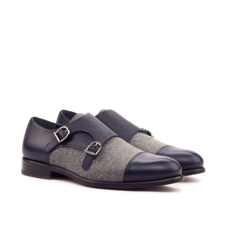 Men's Double Monk Shoes Leather Grey Blue 3441 3- MERRIMIUM