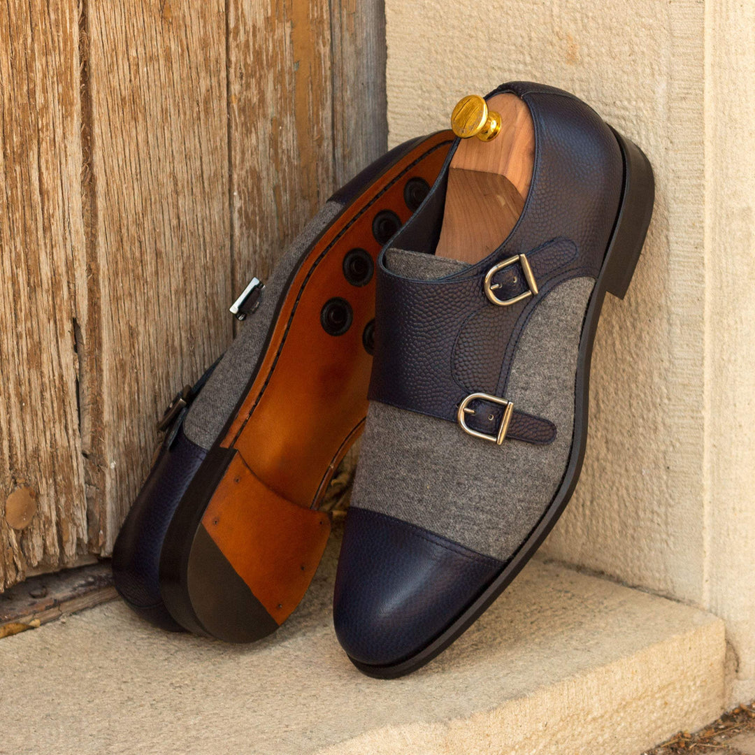 Men's Double Monk Shoes Leather Grey Blue 3441 1- MERRIMIUM--GID-1365-3441