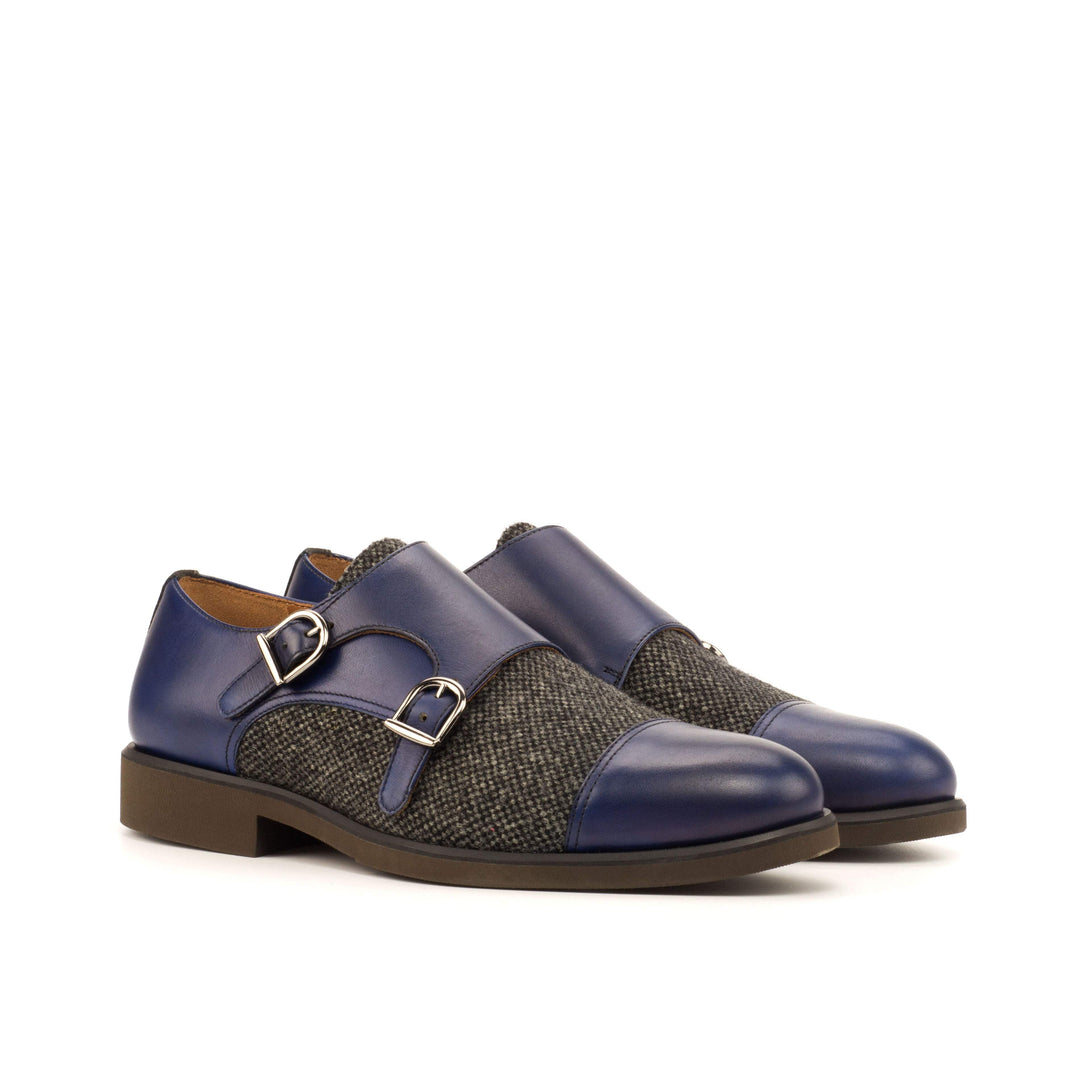 Men's Double Monk Shoes Leather Grey Blue 3713 3- MERRIMIUM