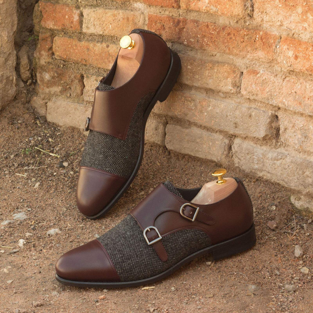 Men's Double Monk Shoes Leather Grey Burgundy 2661 1- MERRIMIUM--GID-1365-2661