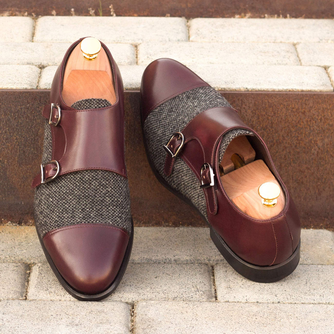 Men's Double Monk Shoes Leather Grey Burgundy 3368 1- MERRIMIUM--GID-1365-3368