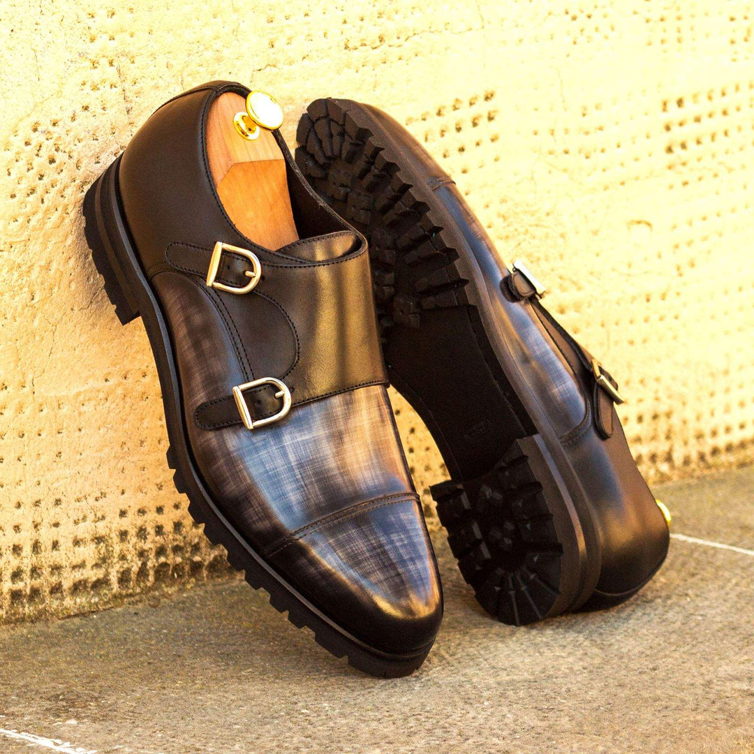 Men's Double Monk Shoes Patina Leather Black Grey 3399 1- MERRIMIUM--GID-1531-3399