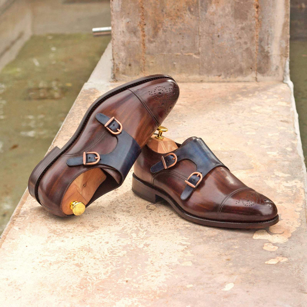 Men's Double Monk Shoes Patina Leather Blue Dark Brown 2821 1- MERRIMIUM--GID-1531-2821