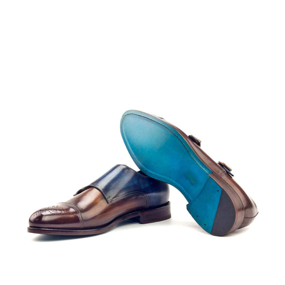 Men's Double Monk Shoes Patina Leather Blue Dark Brown 2821 2- MERRIMIUM