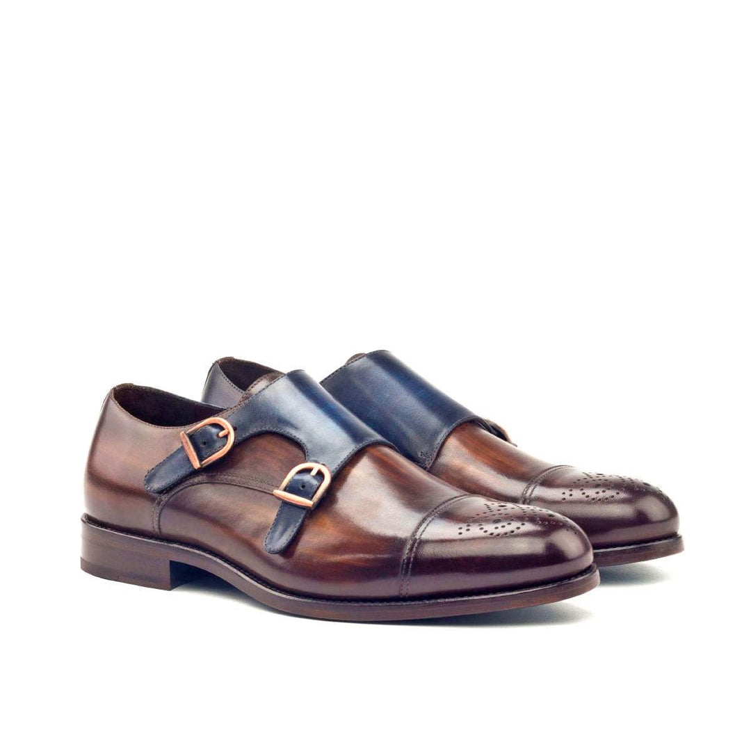 Men's Double Monk Shoes Patina Leather Blue Dark Brown 2821 3- MERRIMIUM