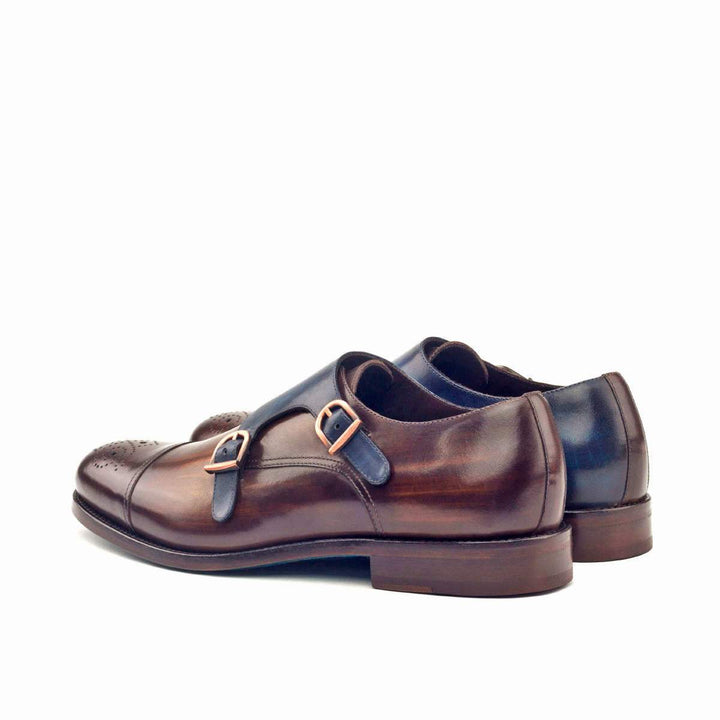 Men's Double Monk Shoes Patina Leather Blue Dark Brown 2821 4- MERRIMIUM