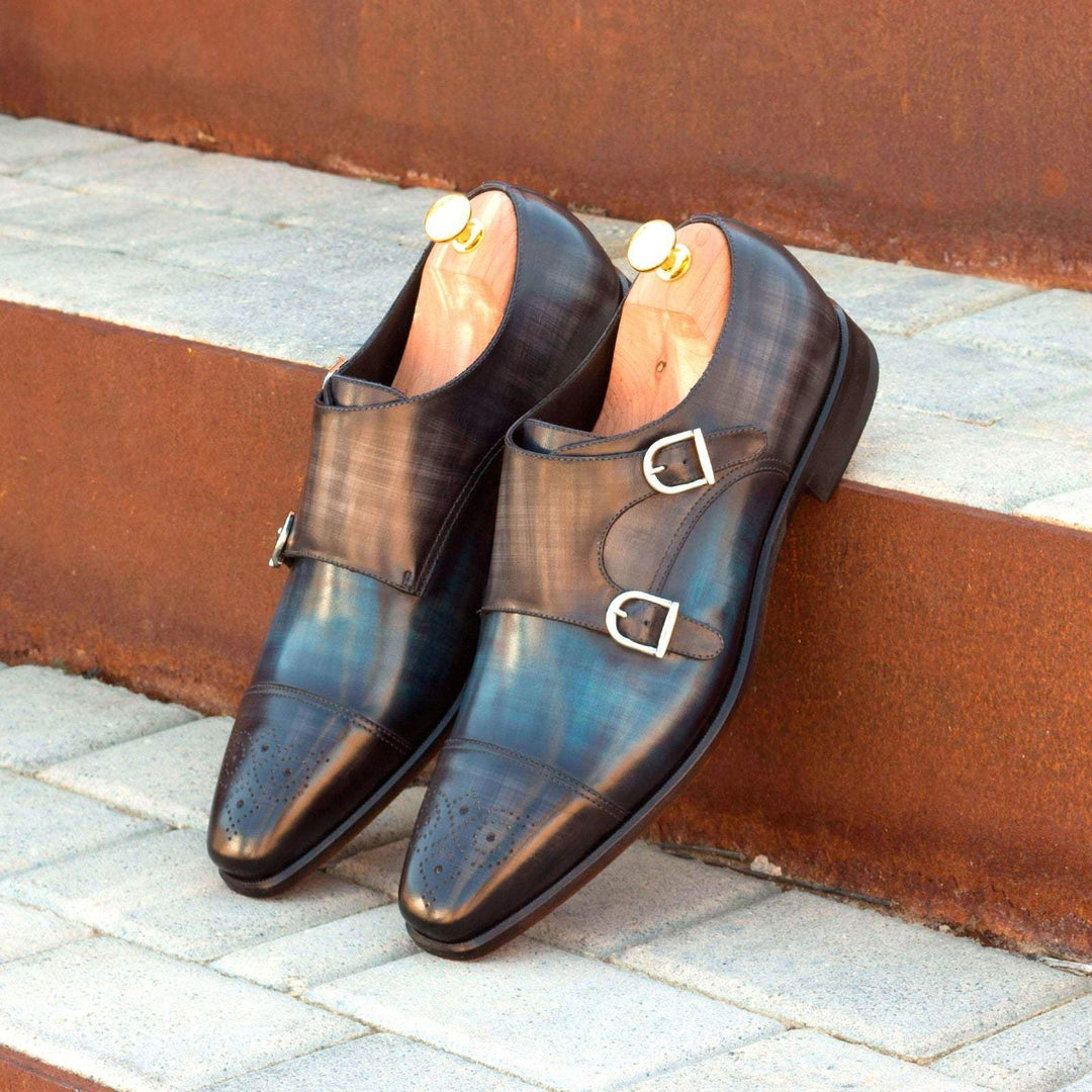 Men's Double Monk Shoes Patina Leather Blue Grey 2653 1- MERRIMIUM--GID-1543-2653