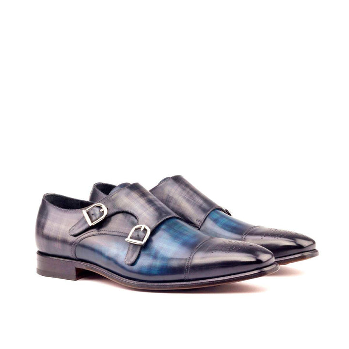 Men's Double Monk Shoes Patina Leather Blue Grey 2653 3- MERRIMIUM