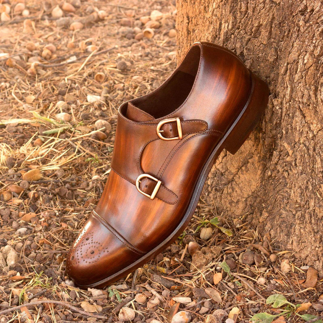 Men's Double Monk Shoes Patina Leather Dark Brown 2376 1- MERRIMIUM--GID-1531-2376
