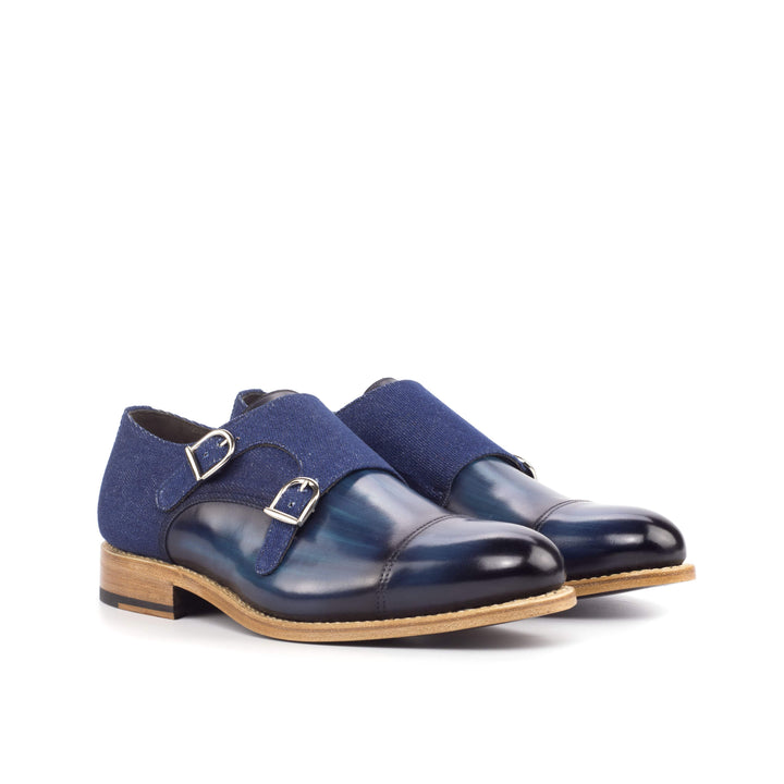 Men's Double Monk Shoes Patina Leather Goodyear Welt Blue 4619 3- MERRIMIUM