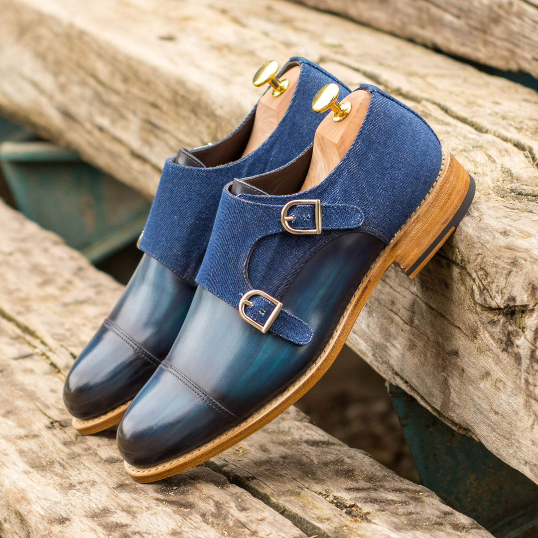 Men's Double Monk Shoes Patina Leather Goodyear Welt Blue 4619 1- MERRIMIUM--GID-2434-4619