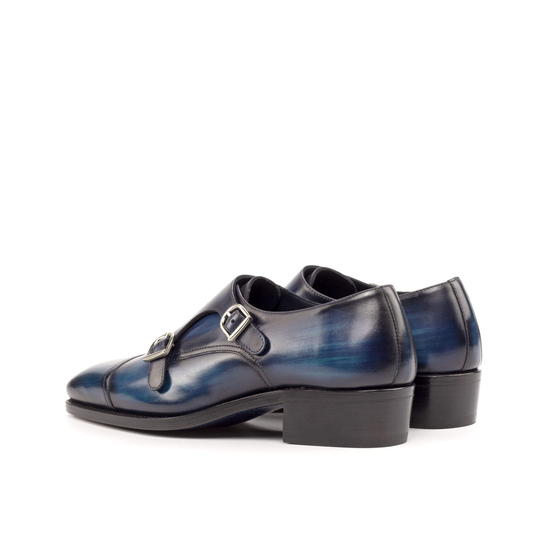 Men's Double Monk Shoes Patina Leather Goodyear Welt Blue 4702 4- MERRIMIUM