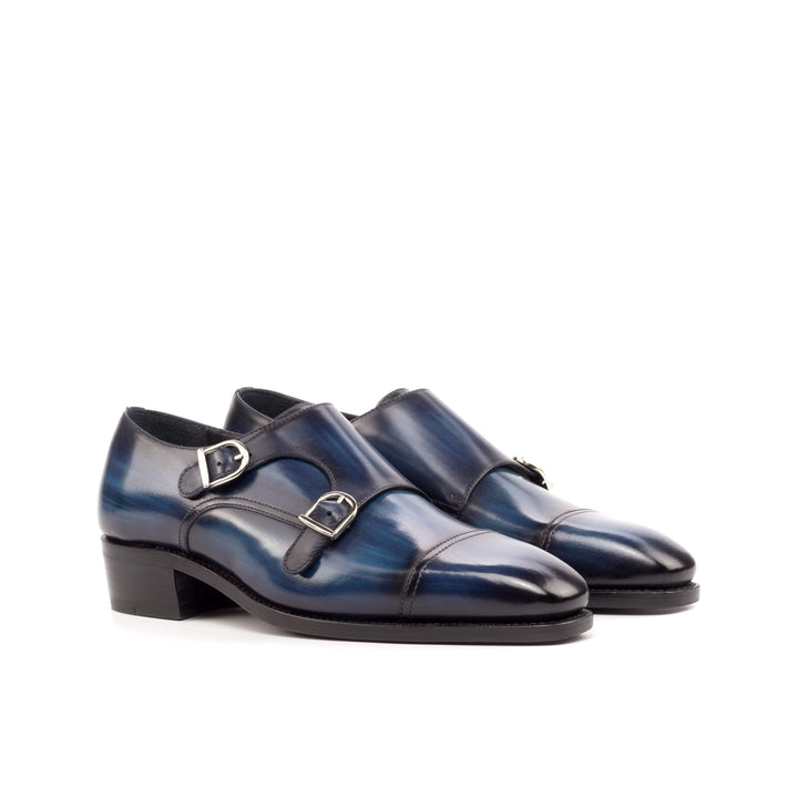 Men's Double Monk Shoes Patina Leather Goodyear Welt Blue 4702 3- MERRIMIUM