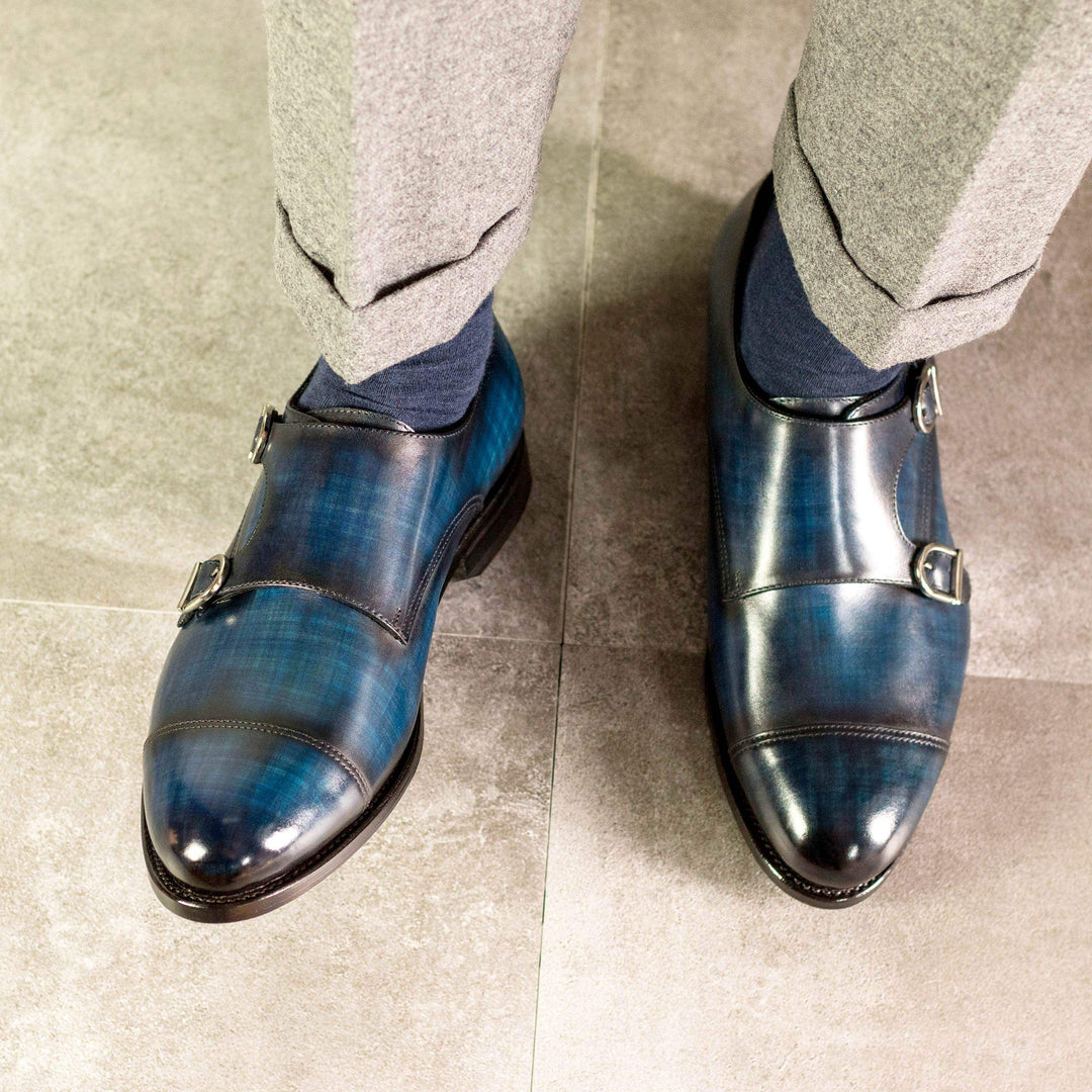 Men's Double Monk Shoes Patina Leather Goodyear Welt Blue 5289 5- MERRIMIUM