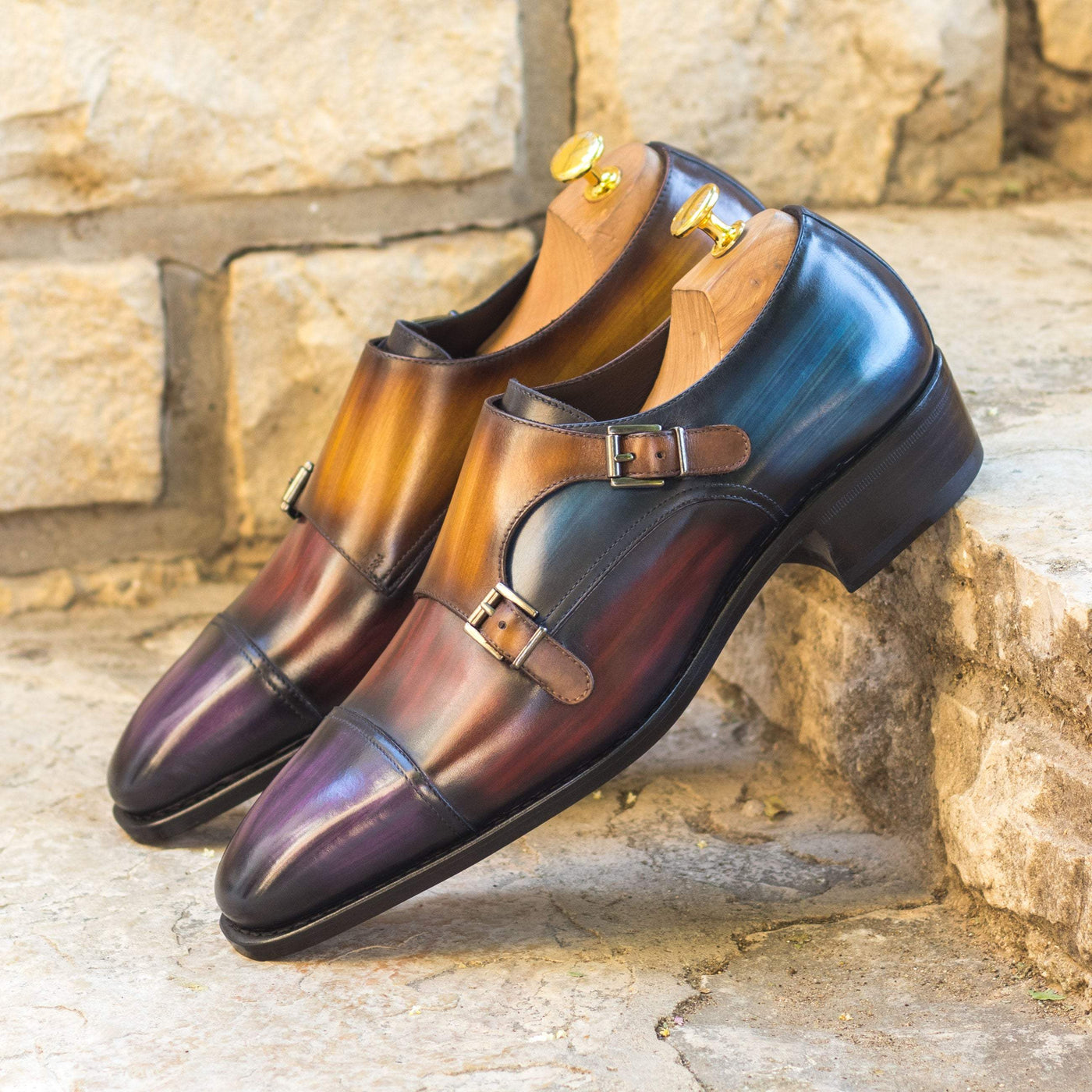 Men's Double Monk Shoes Patina Leather Goodyear Welt Blue Brown 4881 1- MERRIMIUM--GID-3530-4881