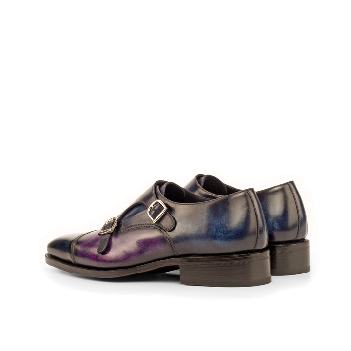 Men's Double Monk Shoes Patina Leather Goodyear Welt Blue Violet 4185 4- MERRIMIUM
