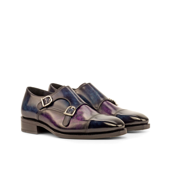 Men's Double Monk Shoes Patina Leather Goodyear Welt Blue Violet 4185 3- MERRIMIUM