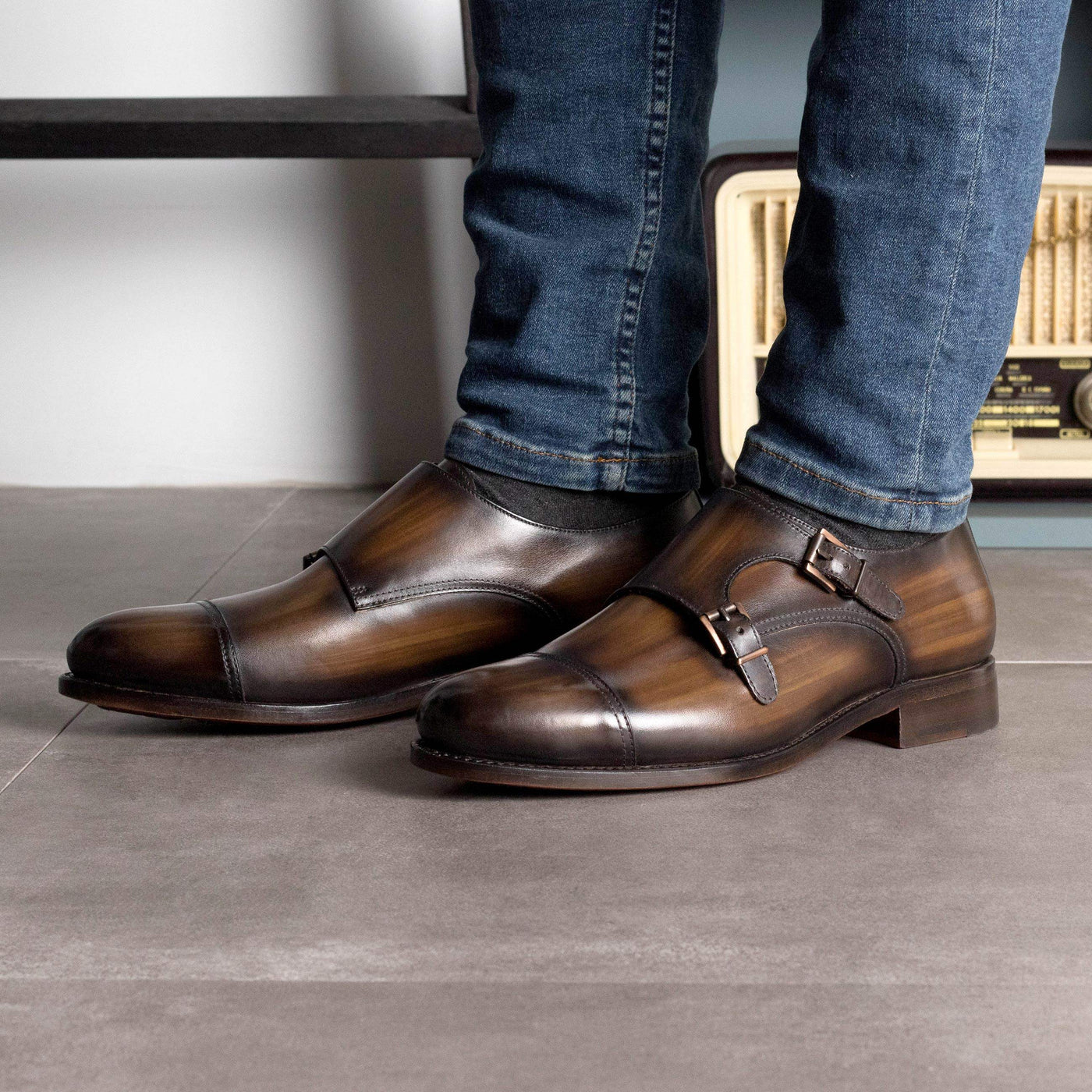 Men's Double Monk Shoes Patina Leather Goodyear Welt Brown 5709 1- MERRIMIUM--GID-4321-5709