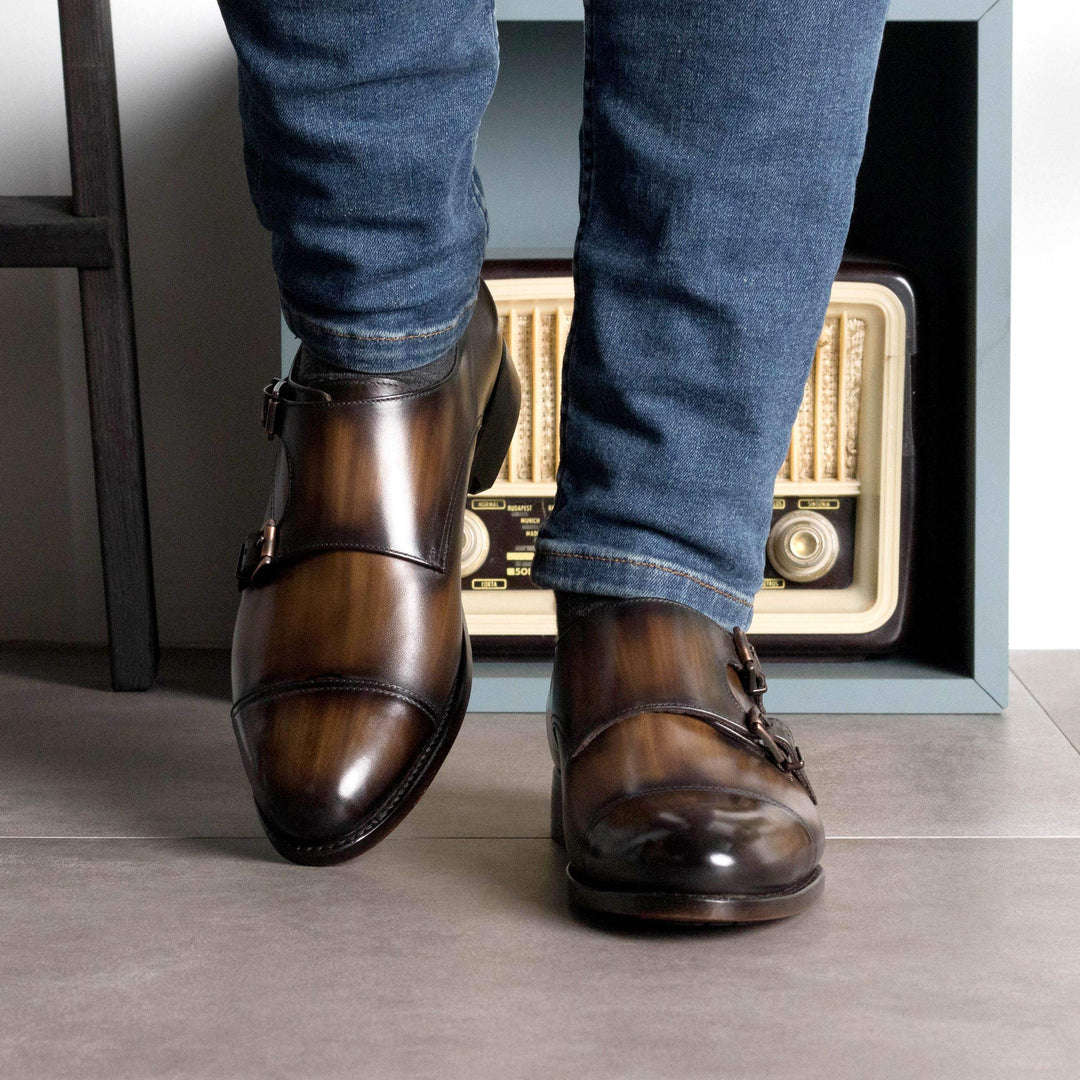Men's Double Monk Shoes Patina Leather Goodyear Welt Brown 5709 5- MERRIMIUM