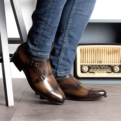 Men's Double Monk Shoes Patina Leather Goodyear Welt Brown 5709 2- MERRIMIUM